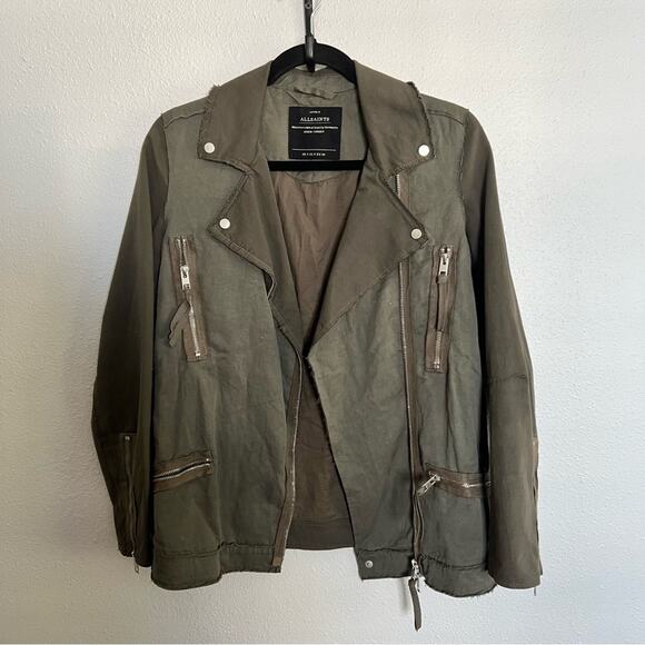Allsaints Olive Green Linen Cotton Blend Moto Style Jacket Women's sz 4 - Picture 1 of 5